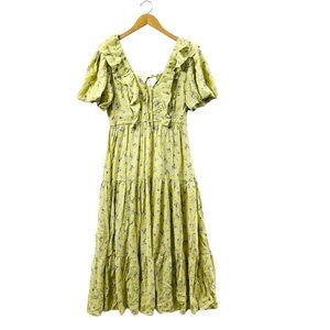 Moon River Floral Ruffle Midi Dress Puff Sleeve Sz L Boho Cottagecore Peasant